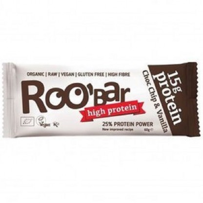 Baton proteic cu fulgi de ciocolata si vanilie raw bio 60g Roobar