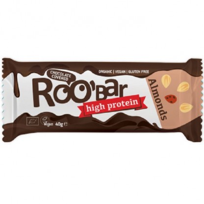 Baton proteic cu migdale invelit in ciocolata bio 40g Roobar