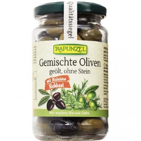 Amestec de masline bio uleiate cu ierburi, fara samburi 170g Rapunzel