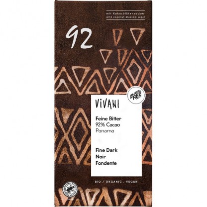 Ciocolata amaruie 92% cacao si zahar de cocos bio, vegana 80g Vivani