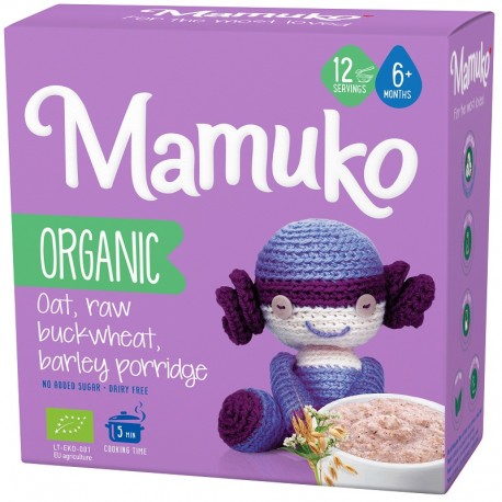 Porridge din 3 cereale integrale cu ovaz, hrisca si orz bio 200g Mamuko 6+ luni