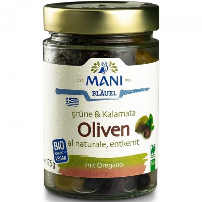 Mix de masline verzi si Kalamata cu oregano bio, raw vegane 175g Mani Blauel Organic