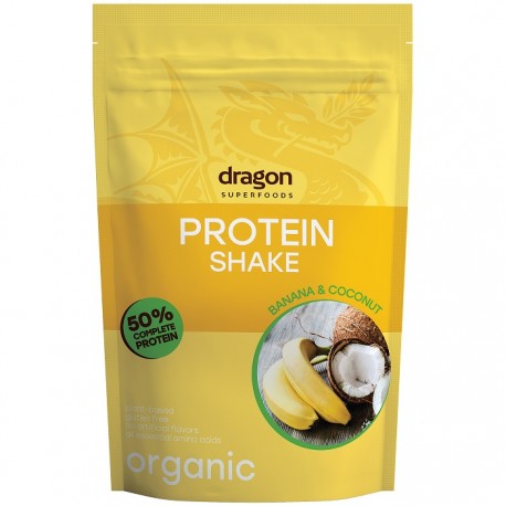 Shake proteic banane si cocos bio, 52% proteine 450g Dragon Superfoods