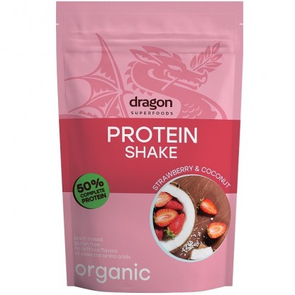 Shake proteic capsuni si cocos bio, 50% proteine 450g Dragon Superfoods