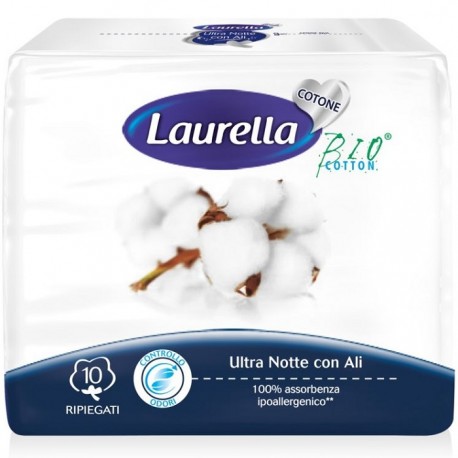 Absorbante de noapte cu aripioare din bumbac organic 4 picaturi 10buc Laurella Bio Cotton