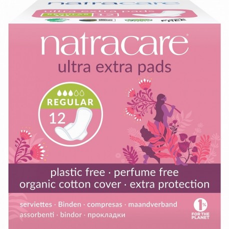 Absorbante din bumbac bio Ultra Extra de noapte, 3 picaturi 12buc Natracare