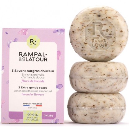 Cutie 3 sapunuri naturale cu flori de lavanda 375g Rampal Latour