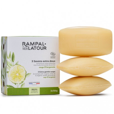 Pachet 3 sapunuri organice cu salvie si bergamota 450g Rampal Latour