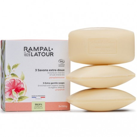 Pachet 3 sapunuri organice cu miere si grapefruit 450g Rampal Latour