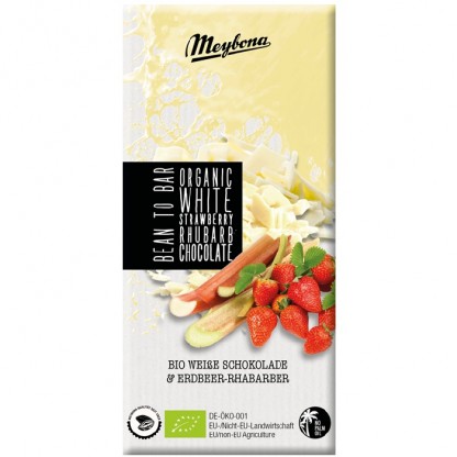 Ciocolata alba cu capsune si rubarba bio 100g Meybona Organic