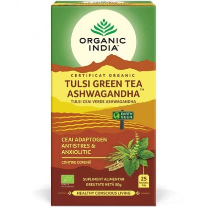 Ceai Tulsi, Ceai Verde si Ashwagandha 25 plicuri Organic India