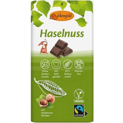Ciocolata neagra cu alune de padure, fara zahar, vegan 100g Birkengold