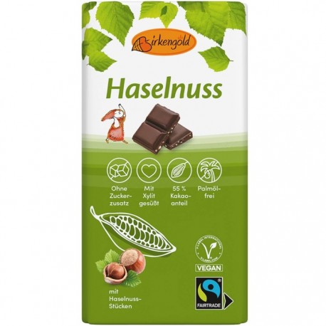 Ciocolata neagra cu alune de padure, fara zahar, vegan 100g Birkengold